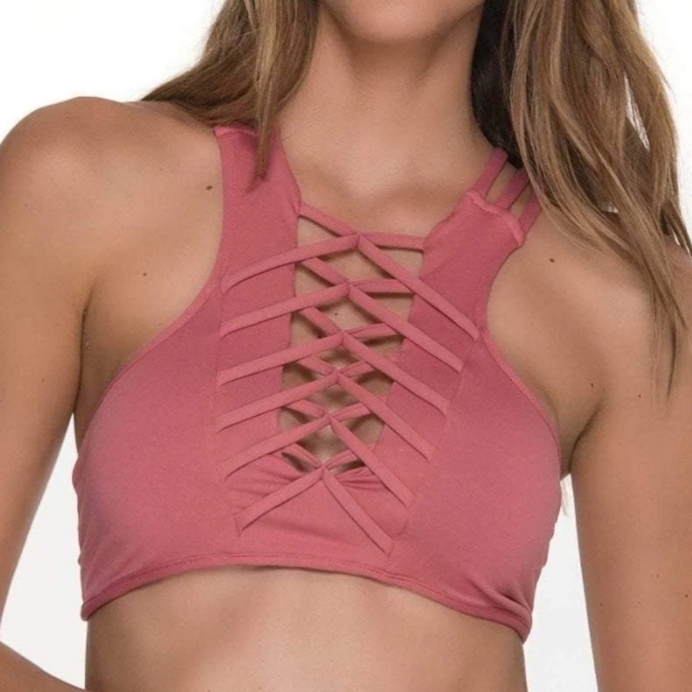 NWT Malai Handmade Fishbone High Neck Bikini Swim Top In Rose Size Large